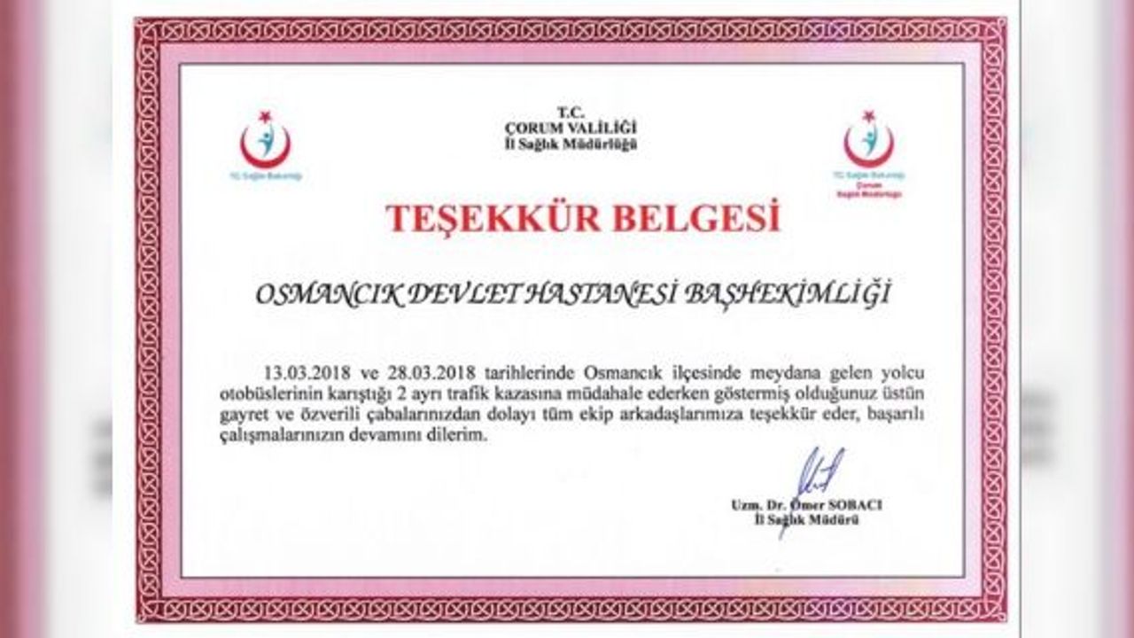 Osmancık Devlet Hastanesi'ne teşekkür belgesi