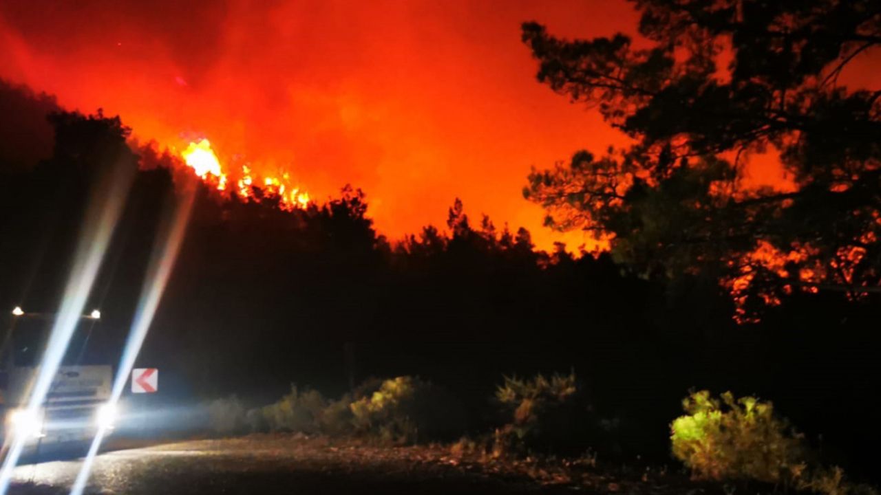 Marmaris'te orman yangını: Alevler gökyüzünü kızıla bürüdü