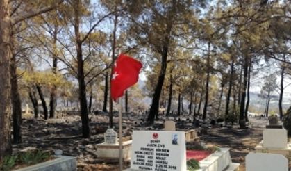 Mezarlıktaki şehit kabri ve Türk bayrağı yanmadı