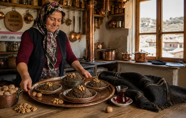 Çorum mutfağının unutulmaya yüz tutan lezzeti: Kara çuval helvası saatlerce emek istiyor