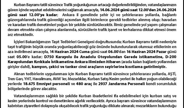 Ankara Valiliğinden Kurban Bayramı tedbirleri