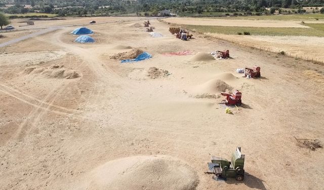 Yozgat’ta sıcak havada çiftçilerin hasat mesaisi sürüyor