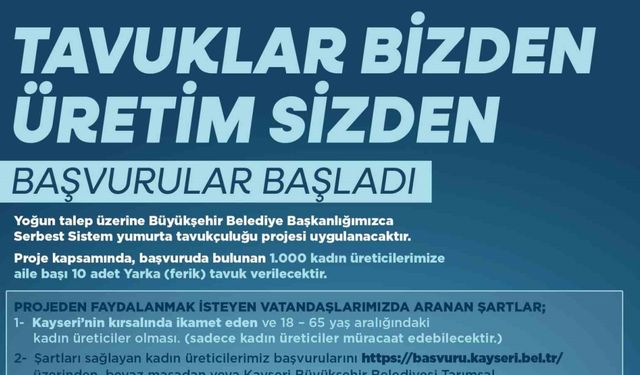 Büyükşehir’in Serbest Sistem Yumurta Tavukçuluğu Projesi’ne müracaatlar başladı