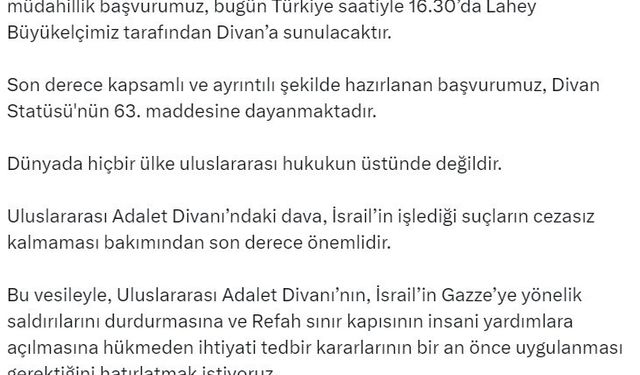 Dışişleri Bakanlığı Sözcüsü Keçeli: "İsrail aleyhine açılan soykırım davasına müdahillik başvurumuz bugün Divan’a sunulacaktır"