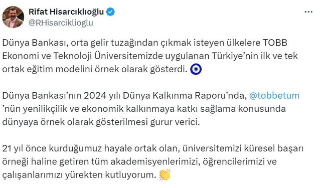 Dünya Bankası, orta gelir tuzağından çıkmak isteyen ülkelere TOBB Ekonomi ve Teknoloji Üniversitesi’nin eğitim modelini örnek olarak gösterdi