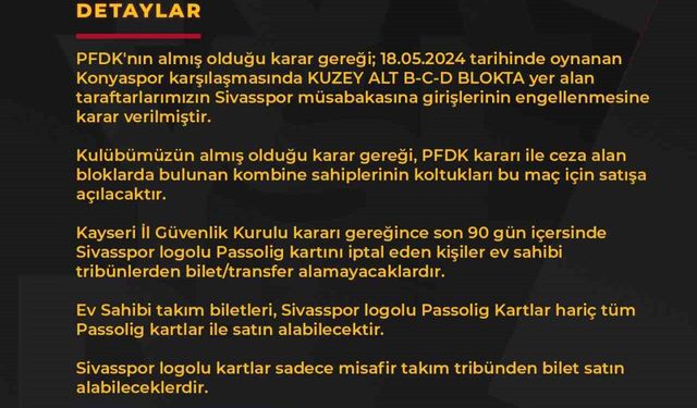 Kayserispor-Sivasspor maçının biletleri satışa çıkıyor