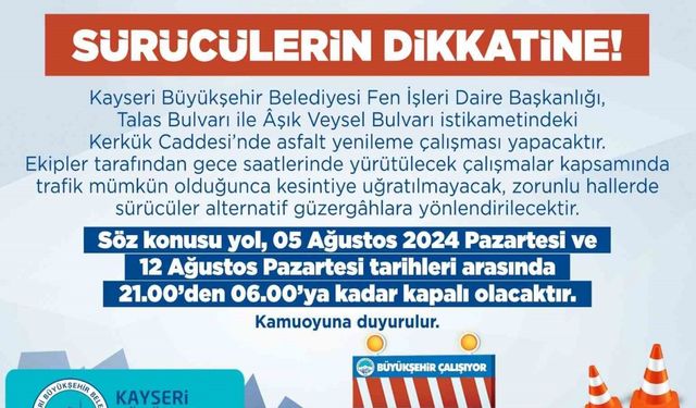 Kerkük caddesinde asfalt yenileme çalışması yapılacak