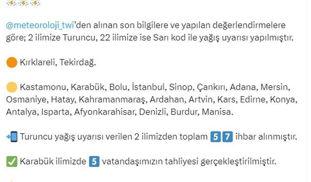 AFAD, 2 ilde turuncu, 22 ilde ise sarı kod ile yağış uyarısı yaptı