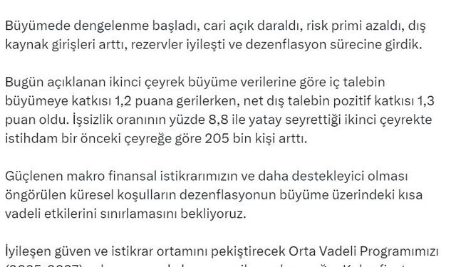 Bakan Şimşek: “Büyümede dengelenme başladı, cari açık daraldı, risk primi azaldı, dış kaynak girişleri arttı, rezervler iyileşti”