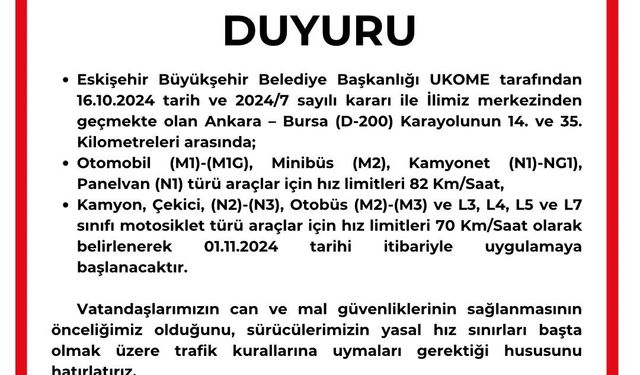 Eskişehir’den geçen Ankara-Bursa karayolundaki hız limiti düşürüldü