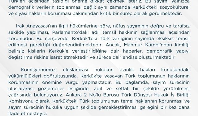 Ankara 2 No’lu Barosu’ndan Kerkük’te yapılacak nüfus sayımına ilişkin açıklama