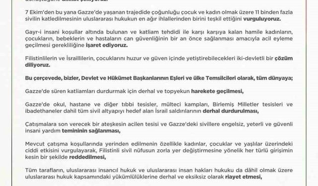 Emine Erdoğan: "İsrail ateşiyle sınanan tüm mazlumların güvene ve hak ettikleri barışa ulaşmaları için kararlılıkla mücadeleye devam edeceğiz"