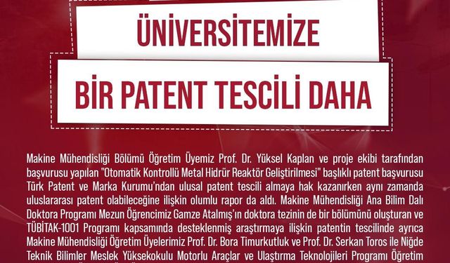 NÖHÜ’ye bir ulusal patent tescili daha