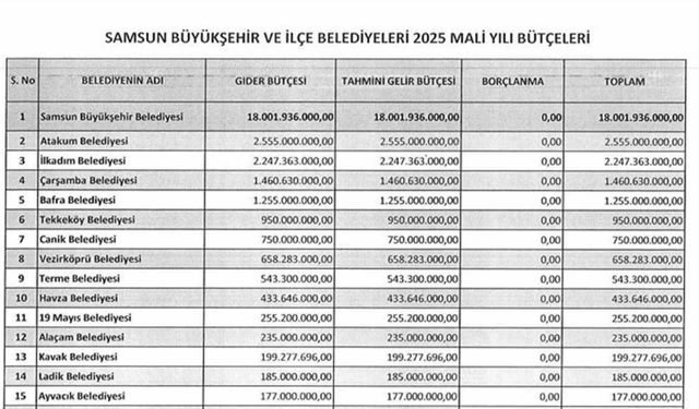 Samsun’daki belediyelerin 2025 yılı toplam bütçeleri 30,3 milyar TL