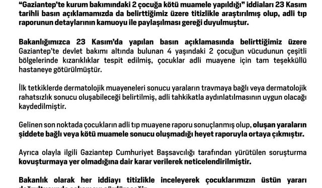 Bakanlıktan kurum bakımındaki 2 çocuğa kötü muamelede bulunulduğu iddialarına ilişkin açıklama