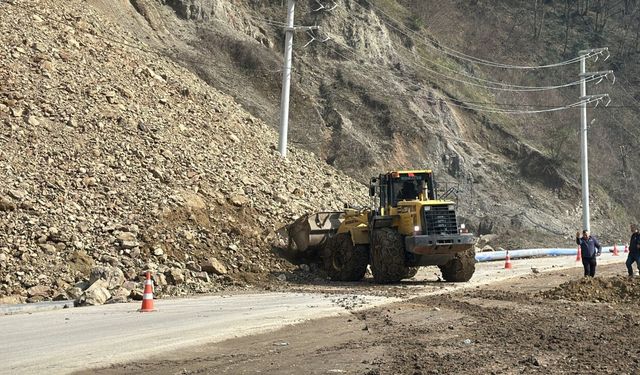 Düzce'de heyelan nedeniyle toprak parçaları köylere ulaşım sağlanan kara yoluna düştü