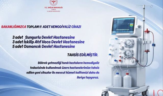 Üç ilçedeki hastanelere 11 yeni hemodiyaliz cihazı