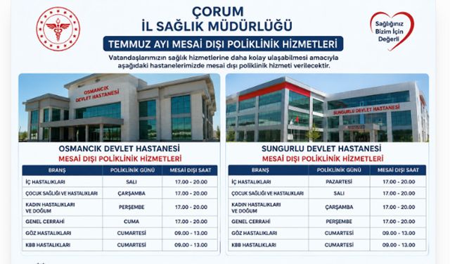 Osmancık ve Sungurlu Devlet Hastanelerinde Mesai Dışı Poliklinik Hizmeti