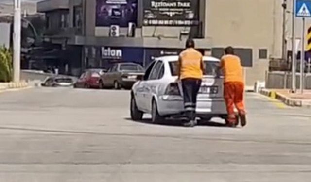 Çorum’da yolda kalan sürücünün yardımına temizlik işçileri koştu