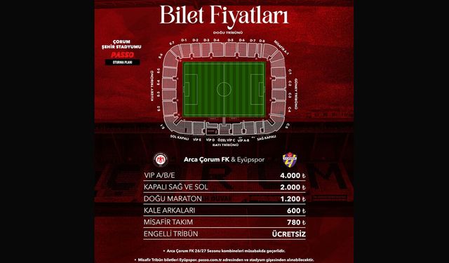 Çorum FK–Eyüpspor maçının bilet fiyatları belli oldu