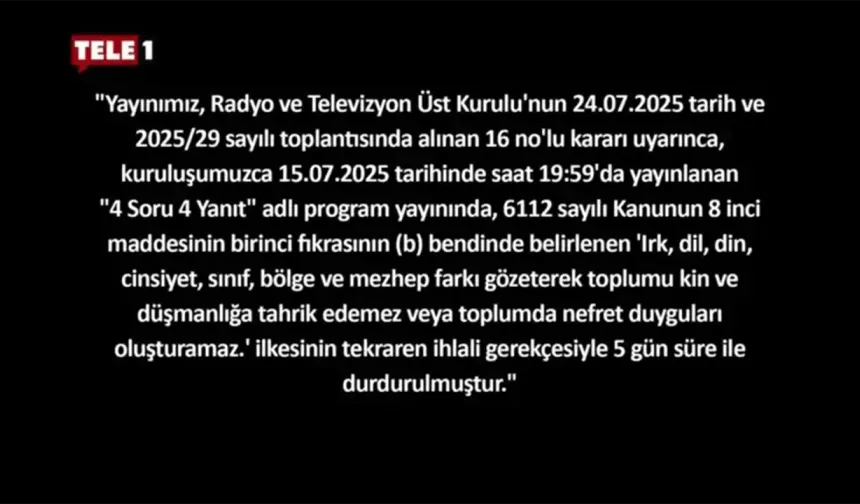 TELE1 ekranı 5 günlüğüne karardı: RTÜK cezası yürürlüğe girdi