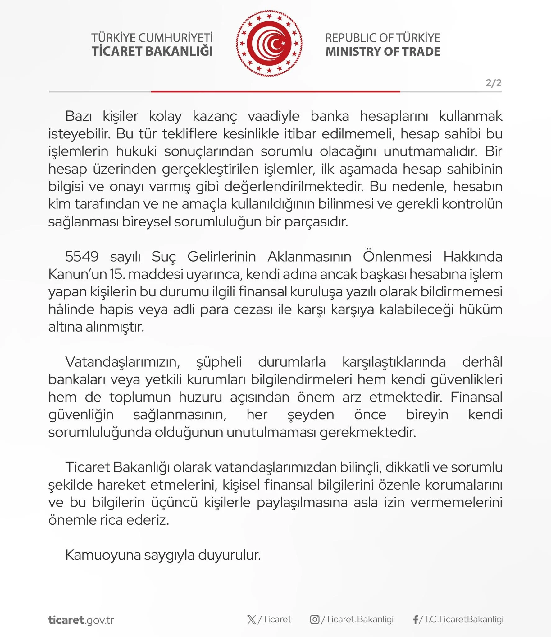 Ticaret Bakanlığı Duyuru 2