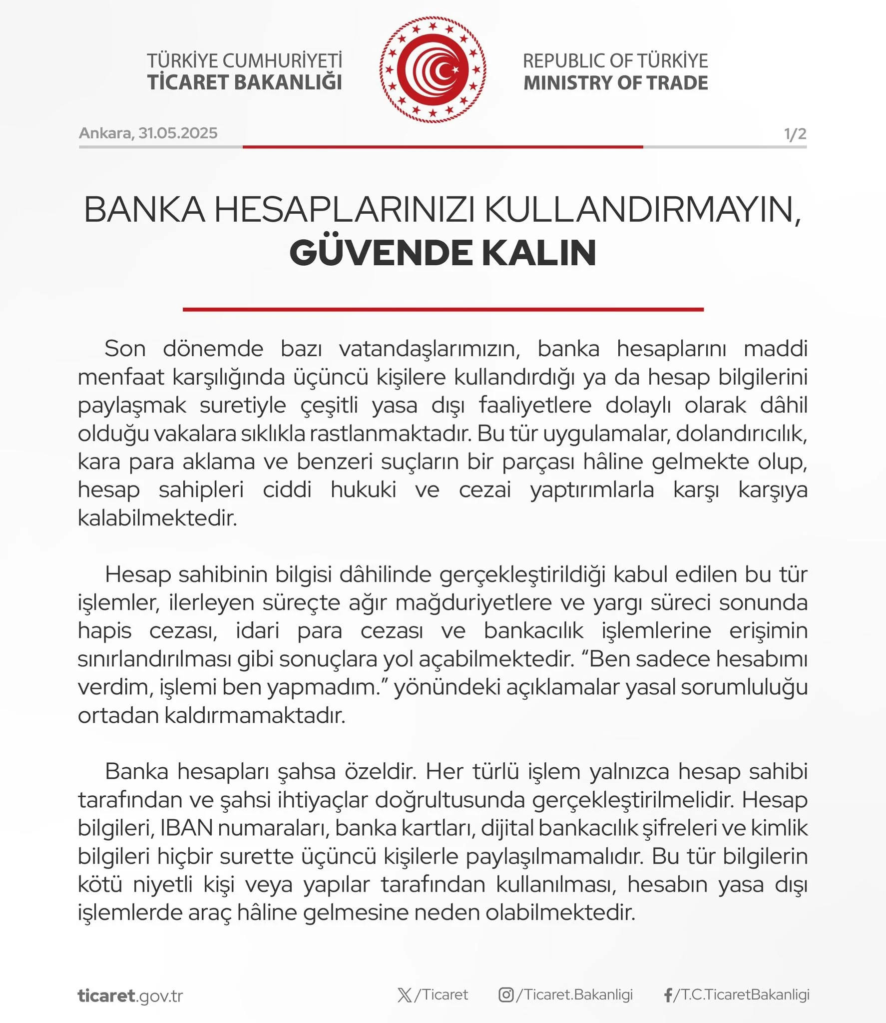 Ticaret Bakanlığı Duyuru