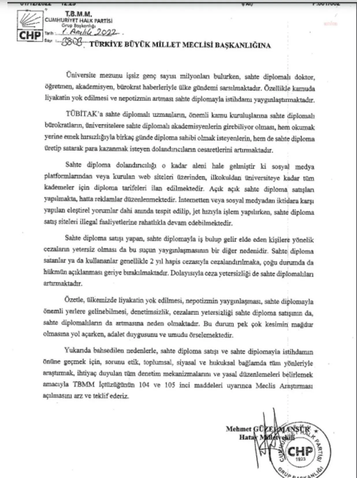 Sahte Diploma Önerge